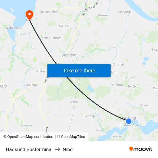 Hadsund Busterminal to Nibe map