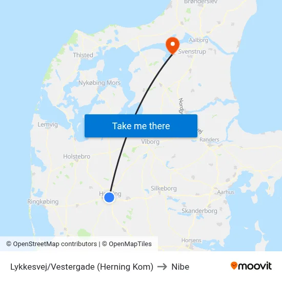 Lykkesvej/Vestergade (Herning Kom) to Nibe map