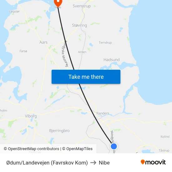 Ødum/Landevejen (Favrskov Kom) to Nibe map