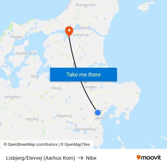 Lisbjerg/Elevvej (Aarhus Kom) to Nibe map