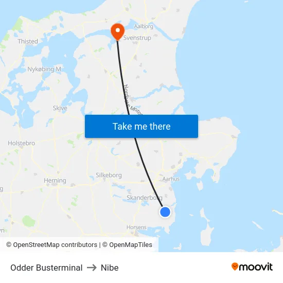 Odder Busterminal to Nibe map