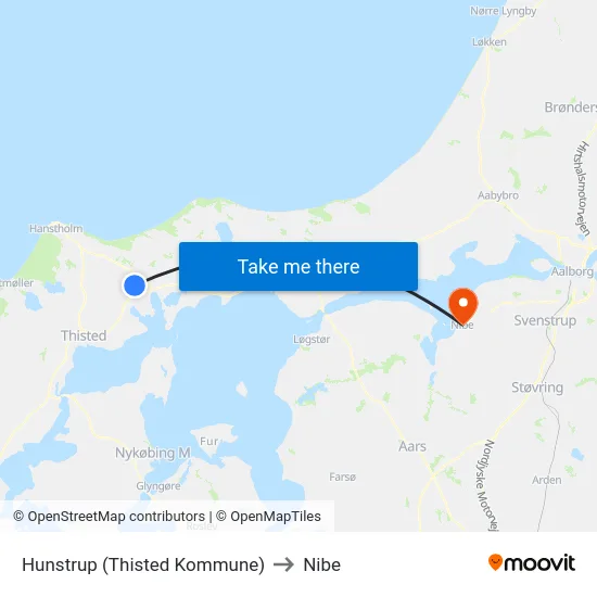 Hunstrup (Thisted Kommune) to Nibe map