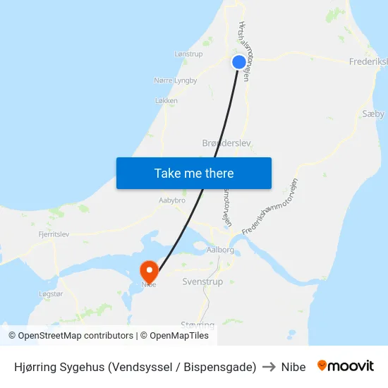 Hjørring Sygehus (Vendsyssel / Bispensgade) to Nibe map