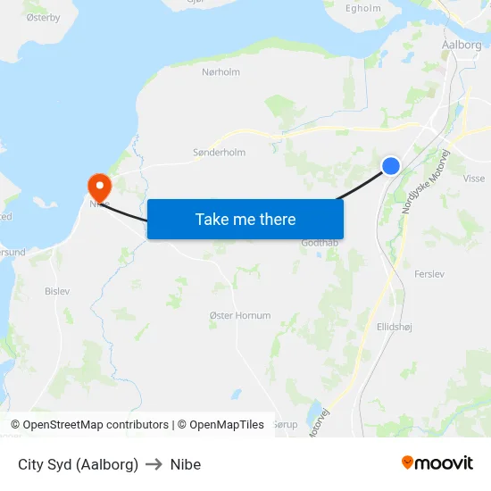 City Syd (Aalborg) to Nibe map