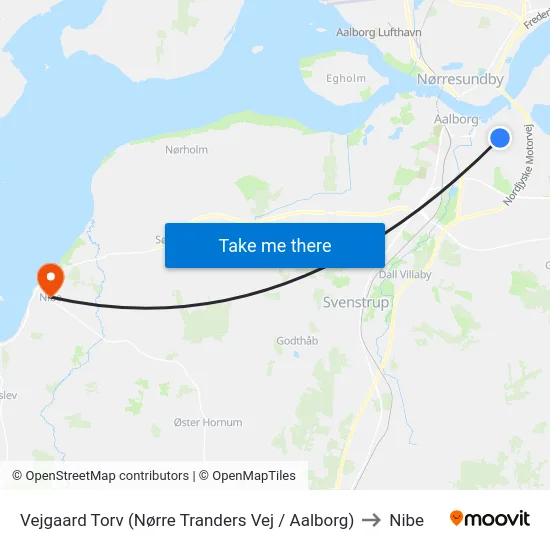 Vejgaard Torv (Nørre Tranders Vej / Aalborg) to Nibe map