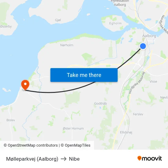 Mølleparkvej (Aalborg) to Nibe map