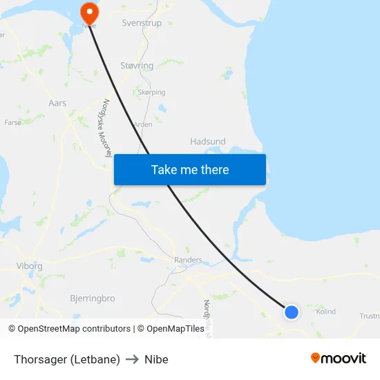 Thorsager (Letbane) to Nibe map