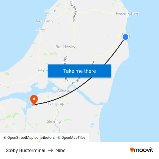 Sæby Busterminal to Nibe map