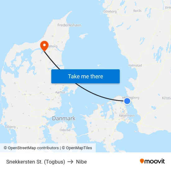 Snekkersten St. (Togbus) to Nibe map