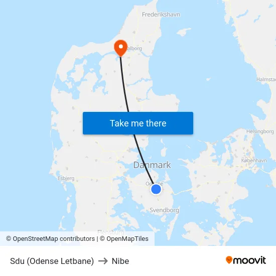 Sdu (Odense Letbane) to Nibe map