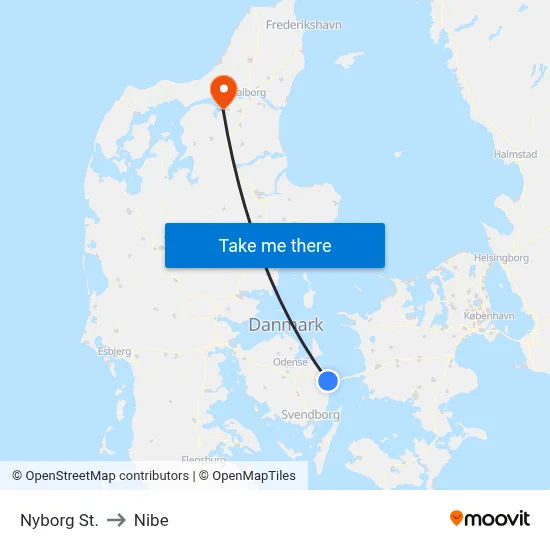 Nyborg St. to Nibe map