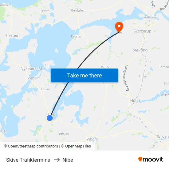 Skive Trafikterminal to Nibe map