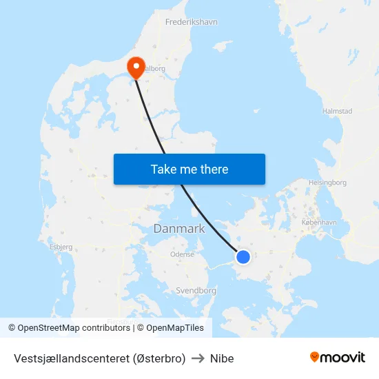 Vestsjællandscenteret (Østerbro) to Nibe map