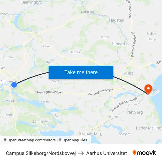 Campus Silkeborg/Nordskovvej to Aarhus Universitet map