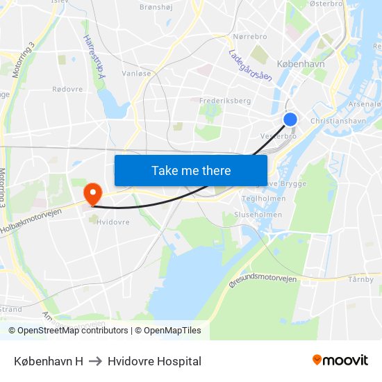 København H to Hvidovre Hospital map