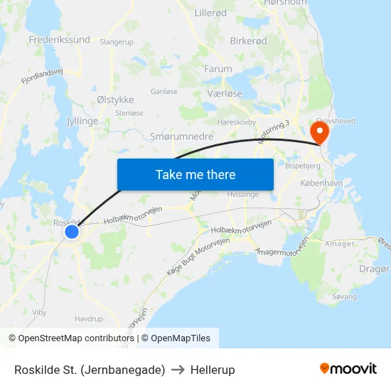 Roskilde St. (Jernbanegade) to Hellerup map