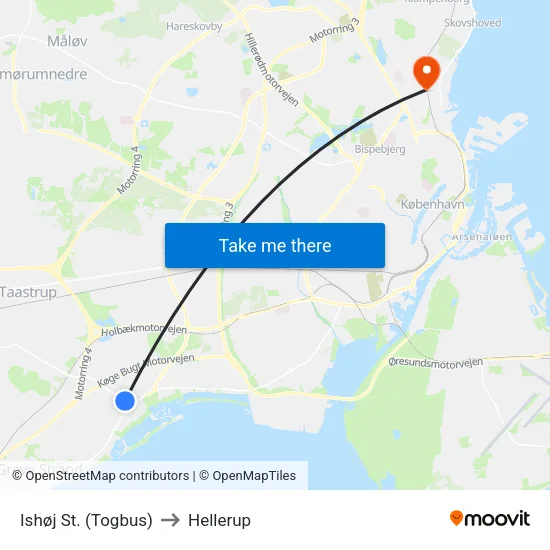 Ishøj St. (Togbus) to Hellerup map