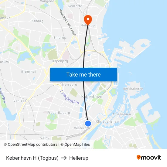 København H (Togbus) to Hellerup map