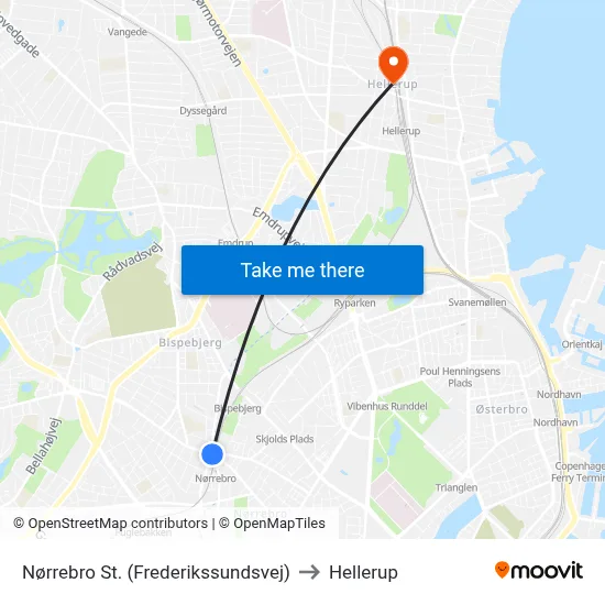Nørrebro St. (Frederikssundsvej) to Hellerup map