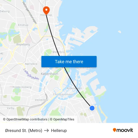 Øresund St. (Metro) to Hellerup map