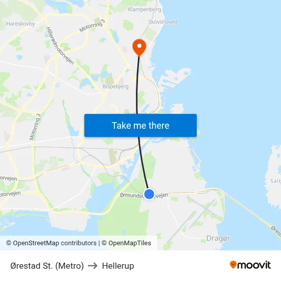Ørestad St. (Metro) to Hellerup map