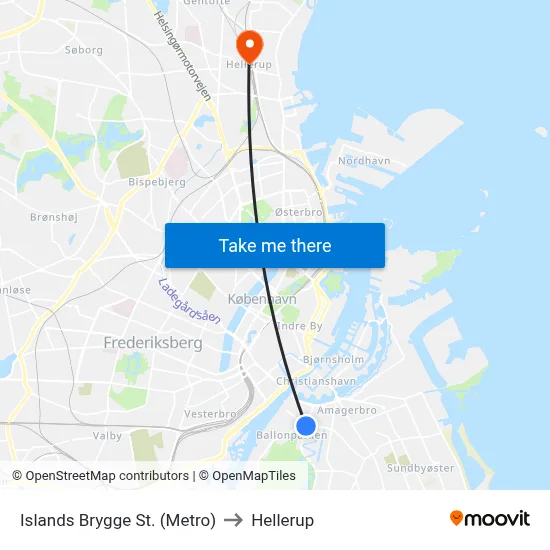 Islands Brygge St. (Metro) to Hellerup map