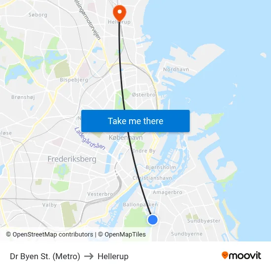 Dr Byen St. (Metro) to Hellerup map