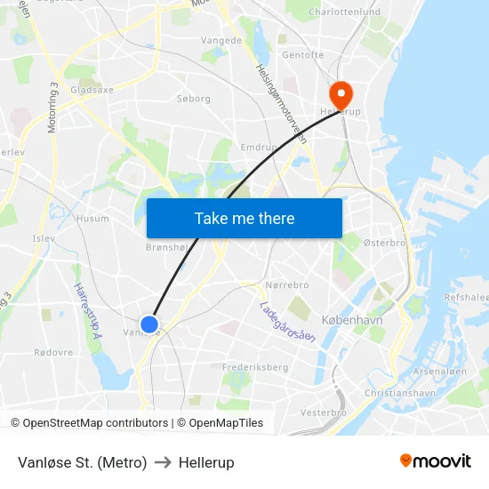 Vanløse St. (Metro) to Hellerup map