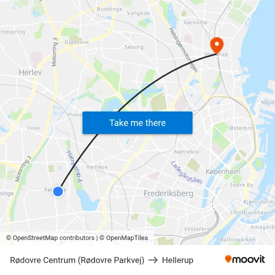 Rødovre Centrum (Rødovre Parkvej) to Hellerup map