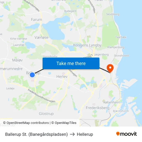 Ballerup St. (Banegårdspladsen) to Hellerup map