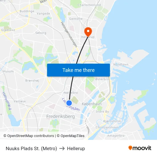 Nuuks Plads St. (Metro) to Hellerup map