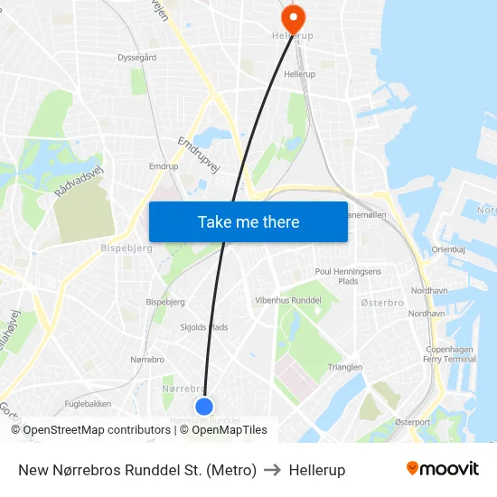New Nørrebros Runddel St. (Metro) to Hellerup map