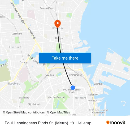 Poul Henningsens Plads St. (Metro) to Hellerup map