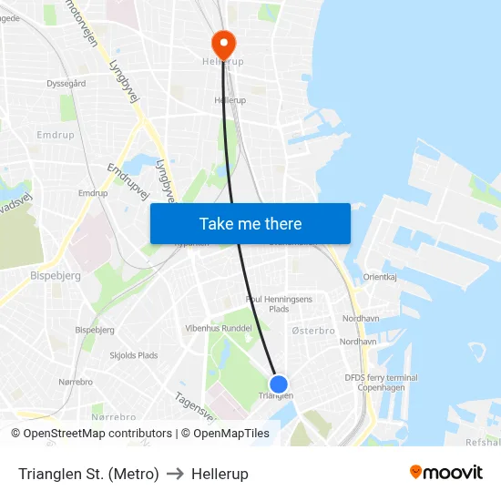 Trianglen St. (Metro) to Hellerup map
