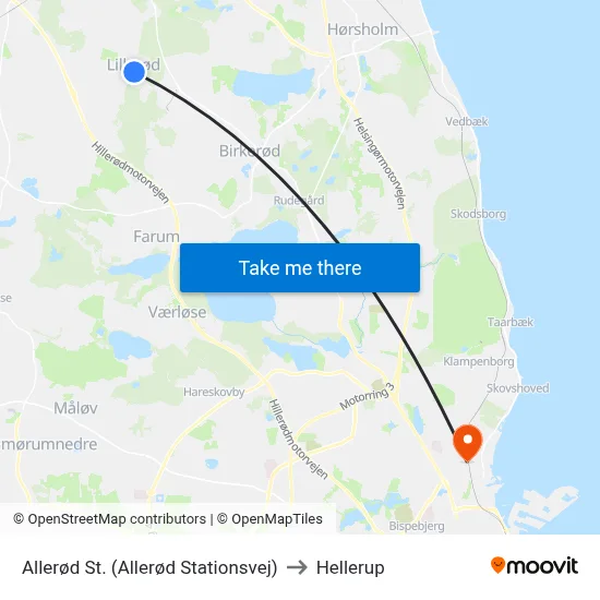 Allerød St. (Allerød Stationsvej) to Hellerup map