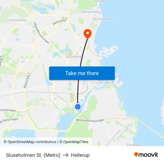 Sluseholmen St. (Metro) to Hellerup map