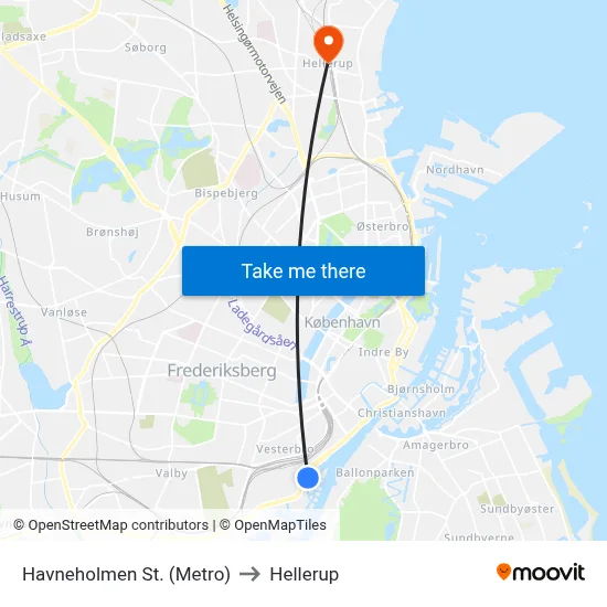 Havneholmen St. (Metro) to Hellerup map