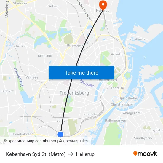 København Syd St. (Metro) to Hellerup map