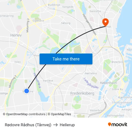 Rødovre Rådhus (Tårnvej) to Hellerup map
