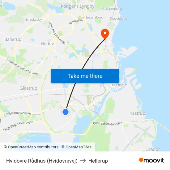 Hvidovre Rådhus (Hvidovrevej) to Hellerup map
