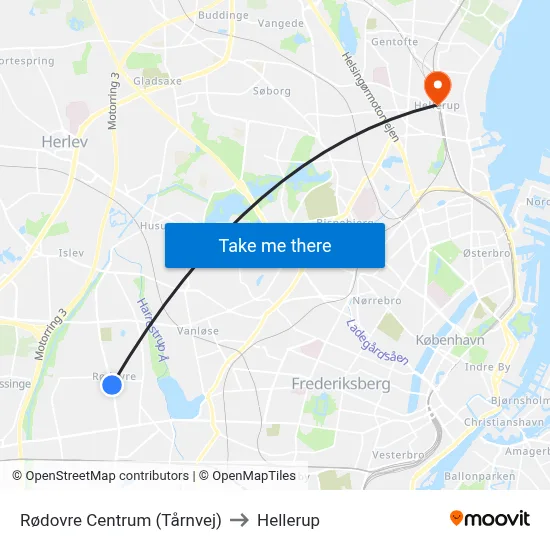 Rødovre Centrum (Tårnvej) to Hellerup map