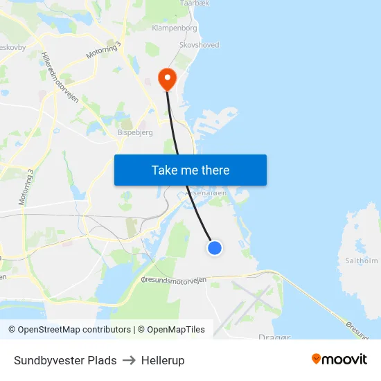 Sundbyvester Plads to Hellerup map