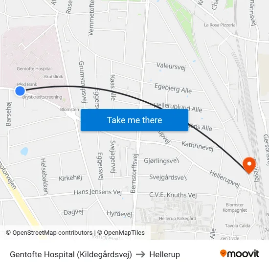 Gentofte Hospital (Kildegårdsvej) to Hellerup map