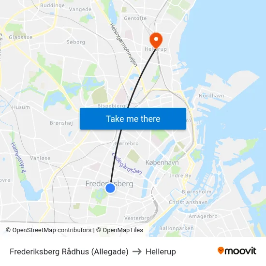 Frederiksberg Rådhus (Allegade) to Hellerup map