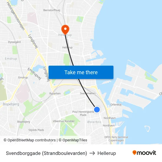 Svendborggade (Strandboulevarden) to Hellerup map