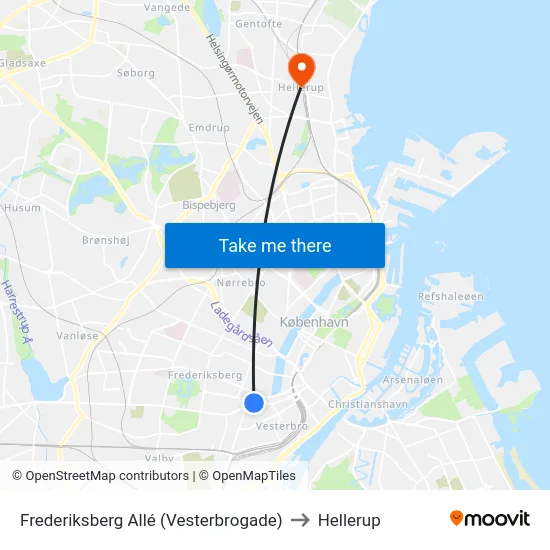 Frederiksberg Allé (Vesterbrogade) to Hellerup map