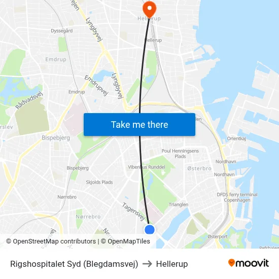 Rigshospitalet Syd (Blegdamsvej) to Hellerup map