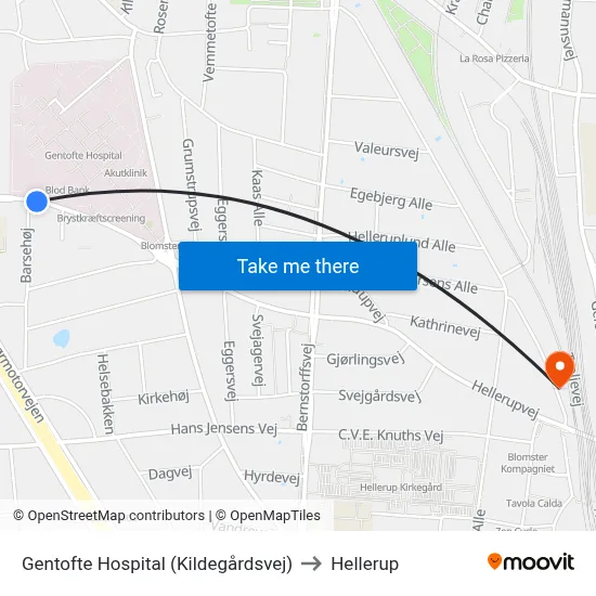 Gentofte Hospital (Kildegårdsvej) to Hellerup map