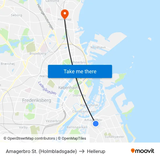 Amagerbro St. (Holmbladsgade) to Hellerup map