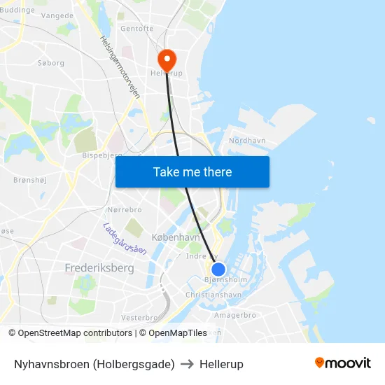 Nyhavnsbroen (Holbergsgade) to Hellerup map